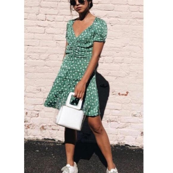 Free People Bond Street Mini Dress Green Floral Ruched Puff Sleeve Size 4 - Picture 3 of 16